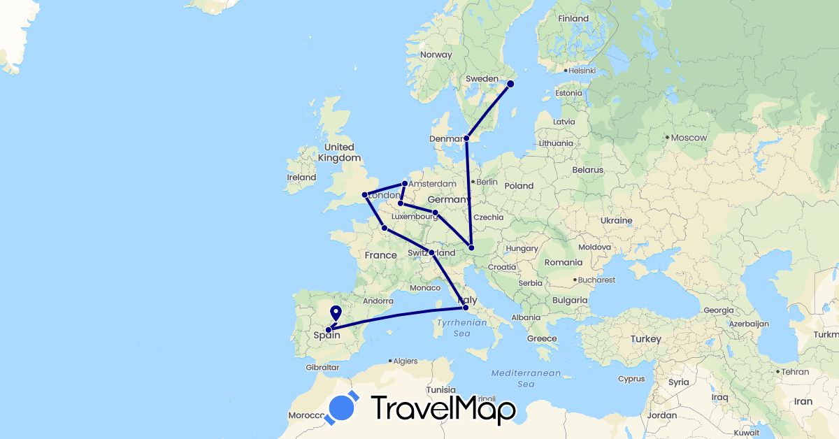 TravelMap itinerary: driving in Austria, Belgium, Switzerland, Germany, Denmark, Spain, France, United Kingdom, Italy, Netherlands, Sweden (Europe)